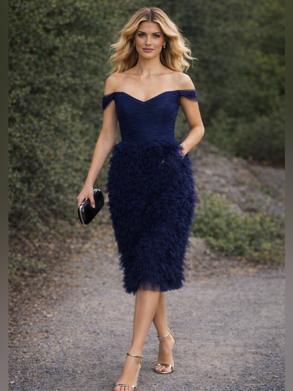 NWT Marchesa Notte Off-Shoulder Ruffled Swiss-dot Tulle Dress Midnight Blue Sz 8